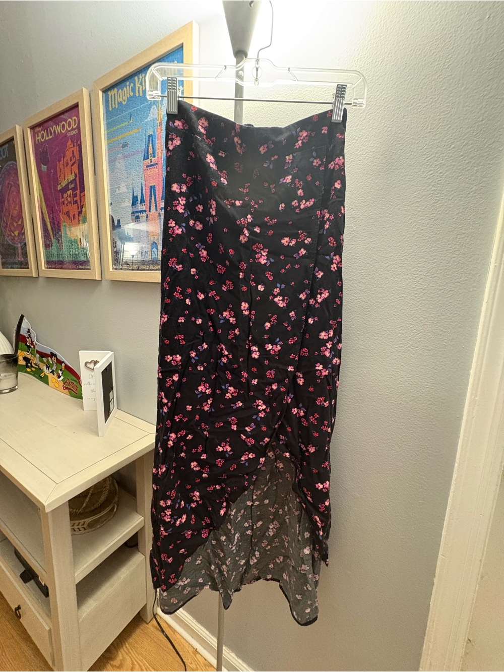 Express Black High-Low Skirt with Pink Floral Print